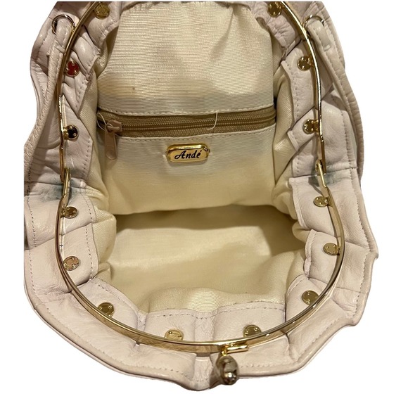 Andé Vtg Leather Bag Kiss Lock Frame White Gold Crossbody Ruffle 60s Bridal Glam - Picture 4 of 8